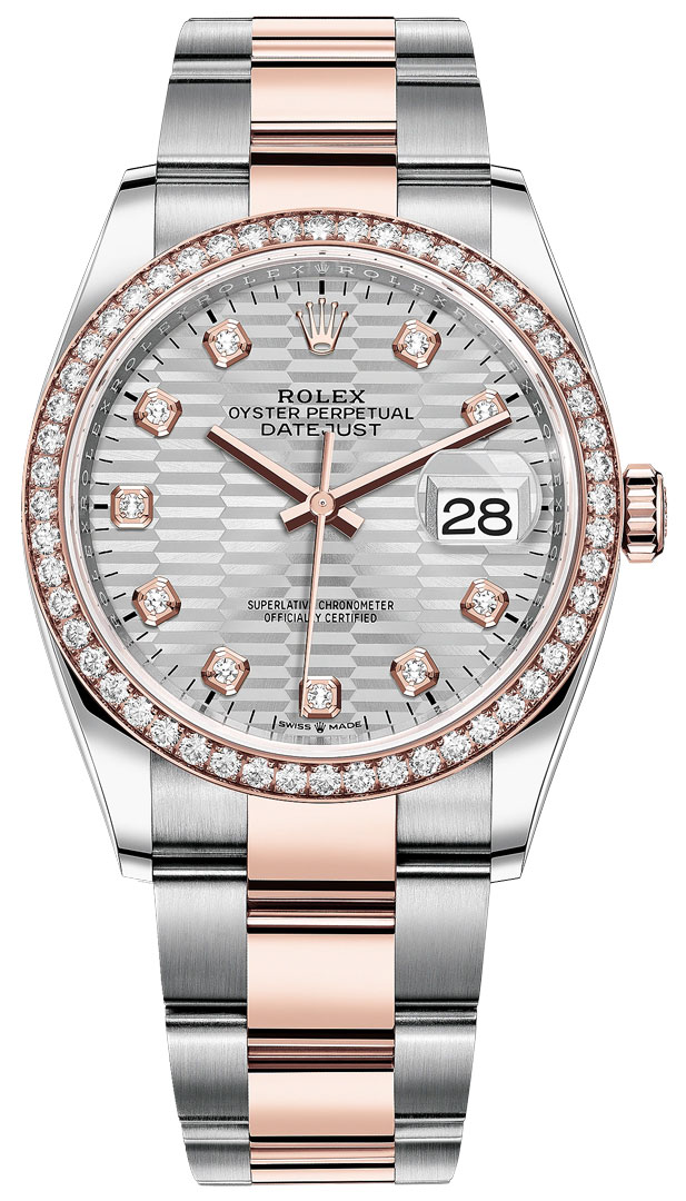 Datejust 36mm Stainless Steel and Rose Gold 126281RBR Silver Fluted Diamond Oyster