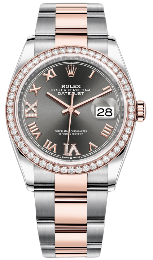 Datejust 36mm Stainless Steel and Rose Gold 126281RBR Dark Rhodium VI IX Roman Oyster